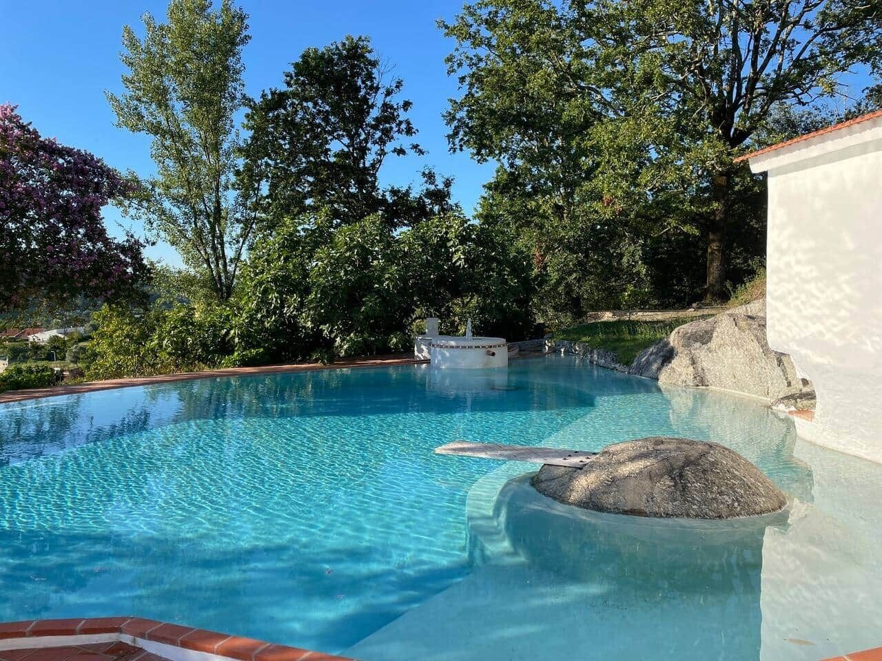 A clear swimming pool with a rock feature, surrounded by trees and a white building.