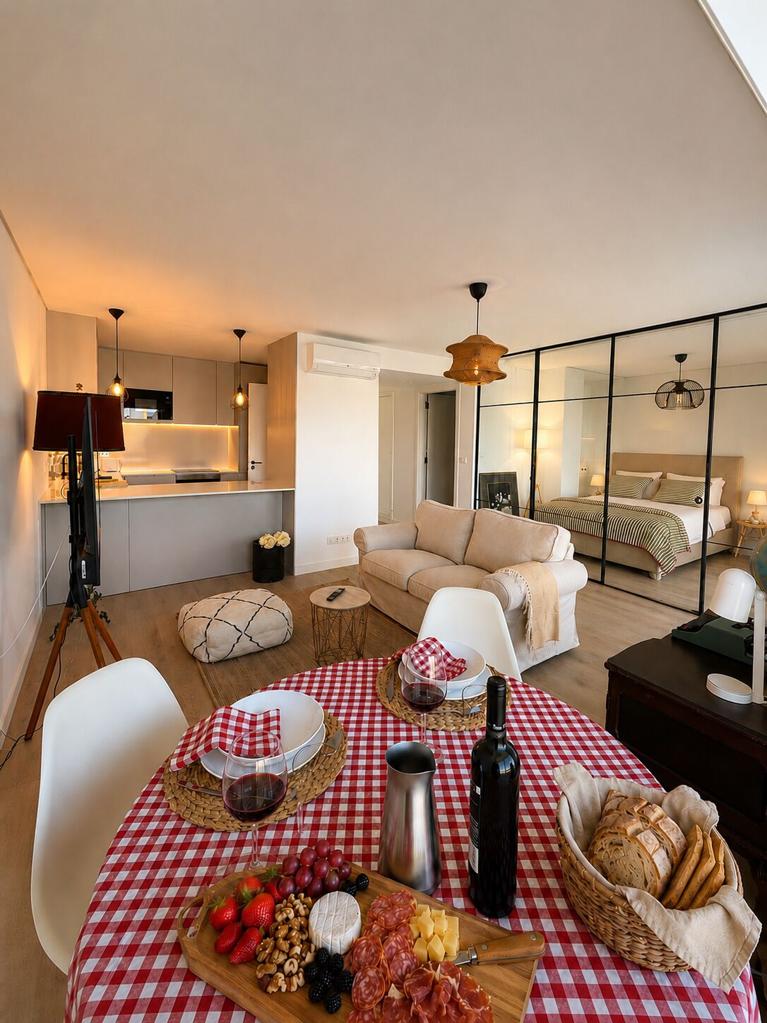 Een modern appartement met een eethoek, een geruit tafelkleed, een keuken, een woonkamer met een bank en een slaapkamer met een bed en nachtkastje.