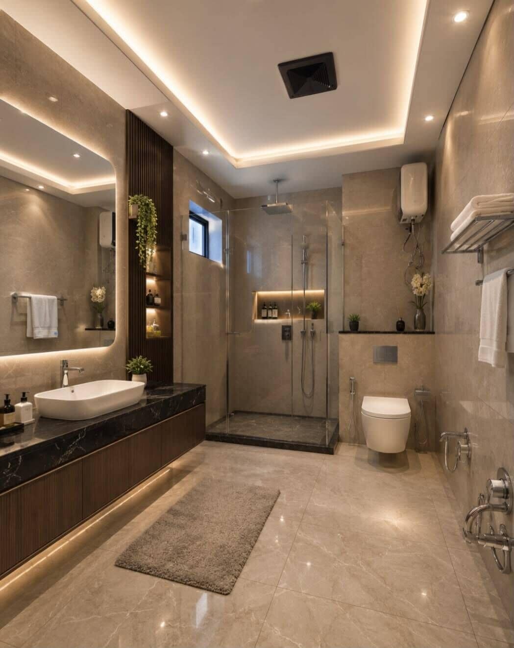 A modern bathroom with a large mirror, a sink, a shower, and a toilet.