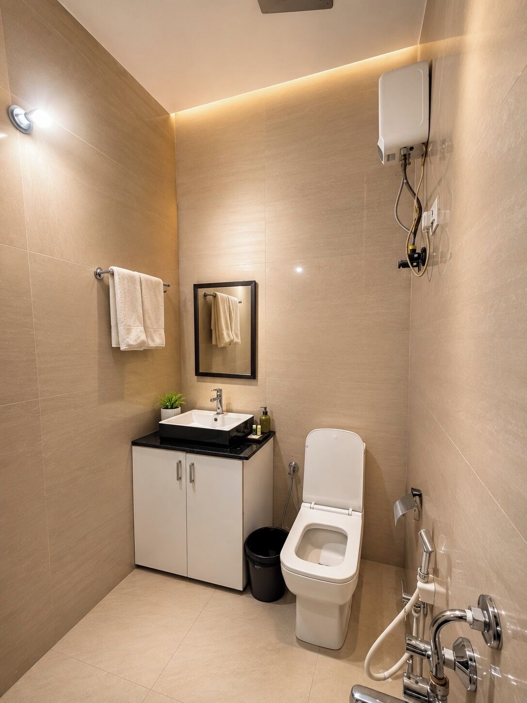 A modern bathroom with a toilet, sink, and shower.