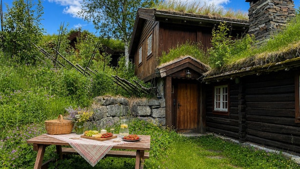 A rustic wooden cabin with a stone chimney, a thatched roof, and a picnic table set with food and drinks. - Mountain cabin 4 in Ål with sauna (Ål)
