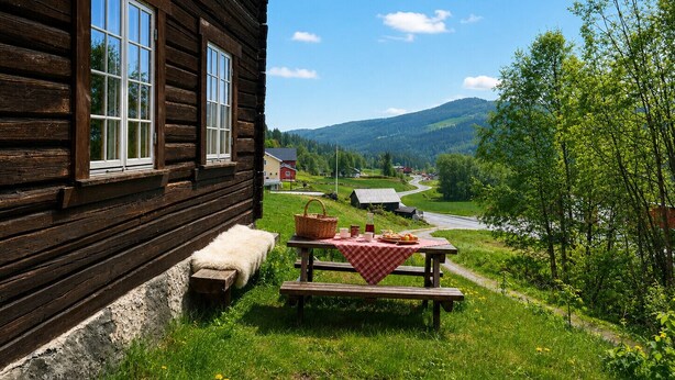 Une cabane en bois avec un banc et une table de pique-nique à l’extérieur.