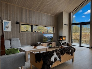 A modern living room with a wooden wall, a television, a fireplace, and a large window with a mountain view.