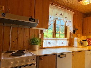 A kitchen with wooden cabinets, a stove, a window with a view of greenery, and a potted plant.