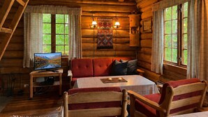 En stuga med träpanel på insidan, inredd med en soffa, ett matbord, stolar, en tv och en öppen spis.