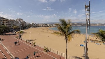 Una playa con un paseo pavimentado, palmeras y vistas al océano.
