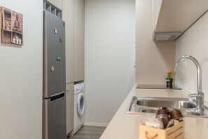 Cocina compacta con refrigerador de acero inoxidable, lavadora integrada, pileta y una pequeña mesada con planta en maceta.