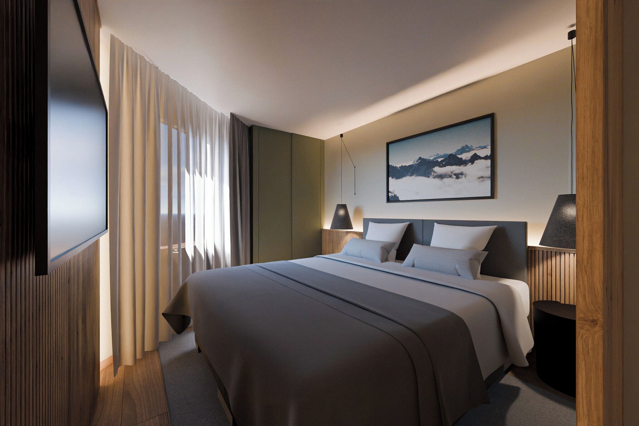 Quarto de hotel moderno com cama grande, televisão de tela plana, pintura na parede e janela com cortinas.