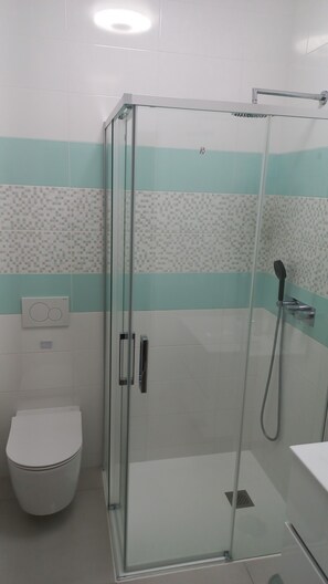 Et brusebad med glasvægge, en håndbruser, et toilet og en fastmonteret varmeblæser.