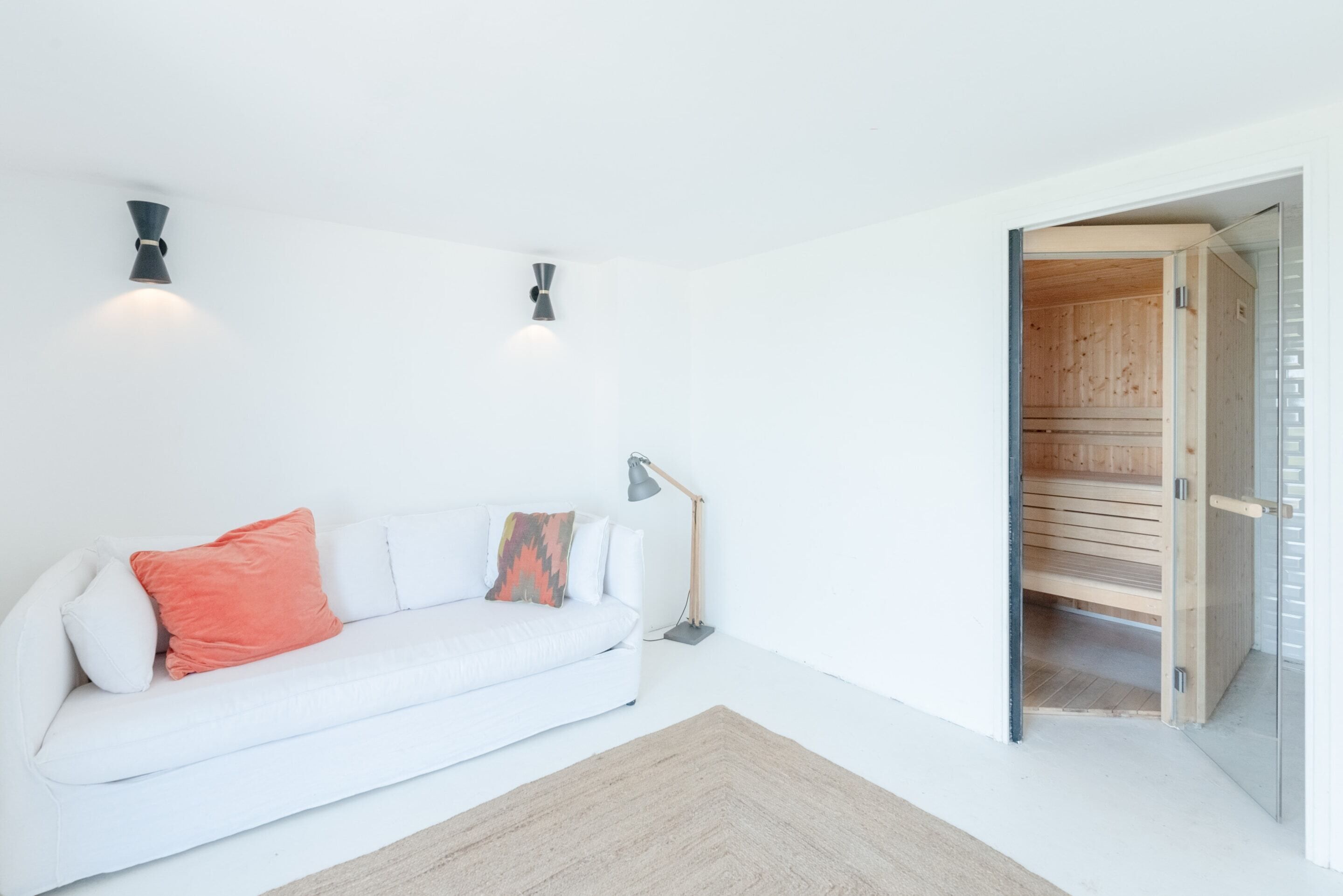 A white sofa with a red pillow, a floor lamp, and a wooden sauna door.