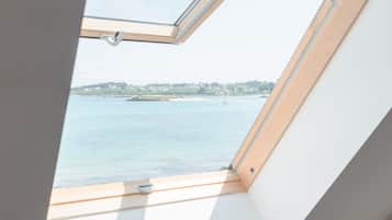 A skylight in a room with a view of a body of water and a distant shoreline.