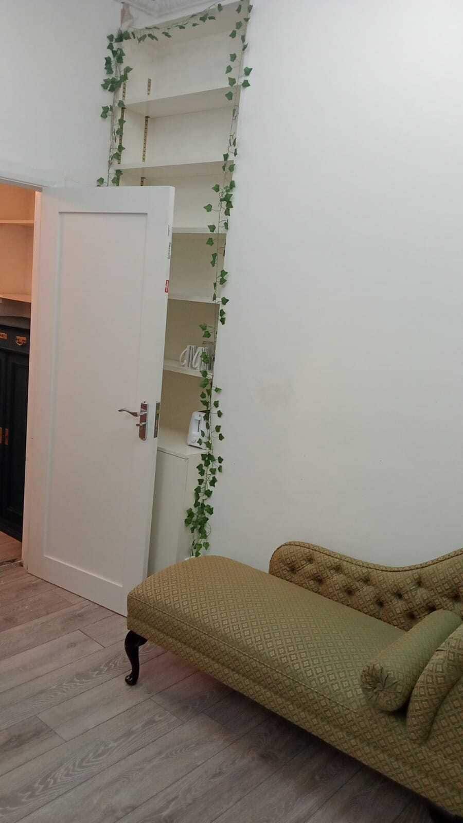 Ein Zimmer mit geschlossener Tür, einem gemusterten Sofa und einer Wand mit Kletterpflanzen.