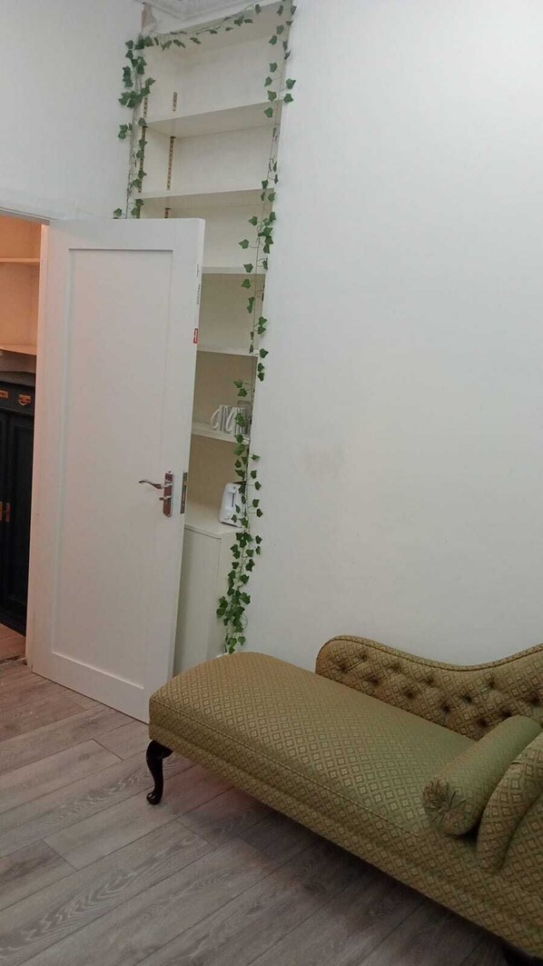 A room with a closed door, a patterned sofa, and a wall with climbing plants.