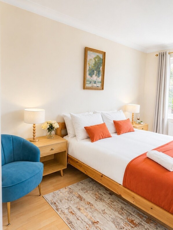 Ein Hotelzimmer mit einem Bett, zwei Nachttischen, einem blauen Sessel, einem Gemälde an der Wand und einem Fenster mit Vorhängen.