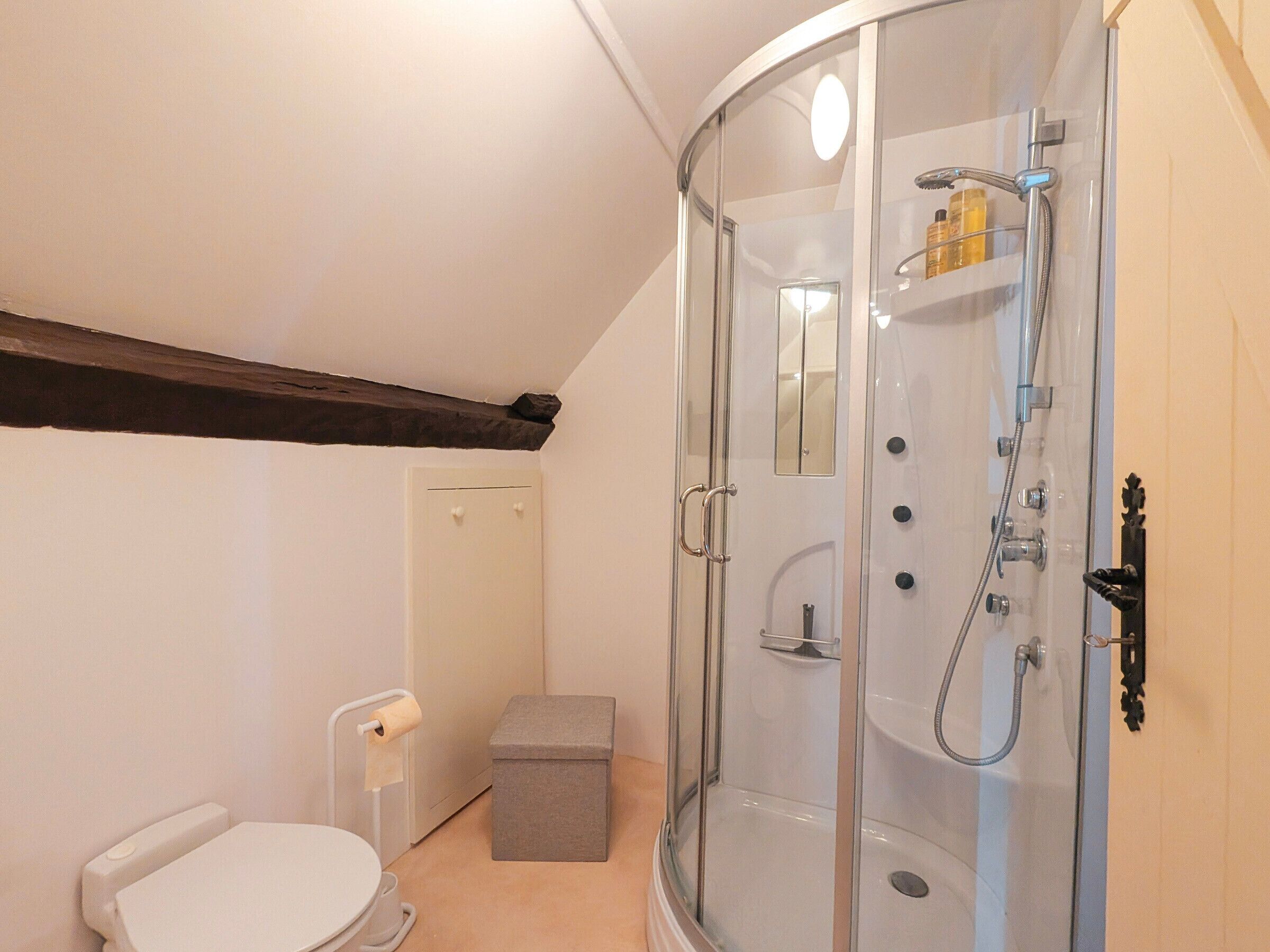 Une salle de bain avec une douche à parois de verre, des toilettes et un petit espace de rangement.