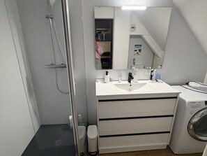 Ein Badezimmer mit Dusche, Waschbecken, Spiegel und Waschmaschine.