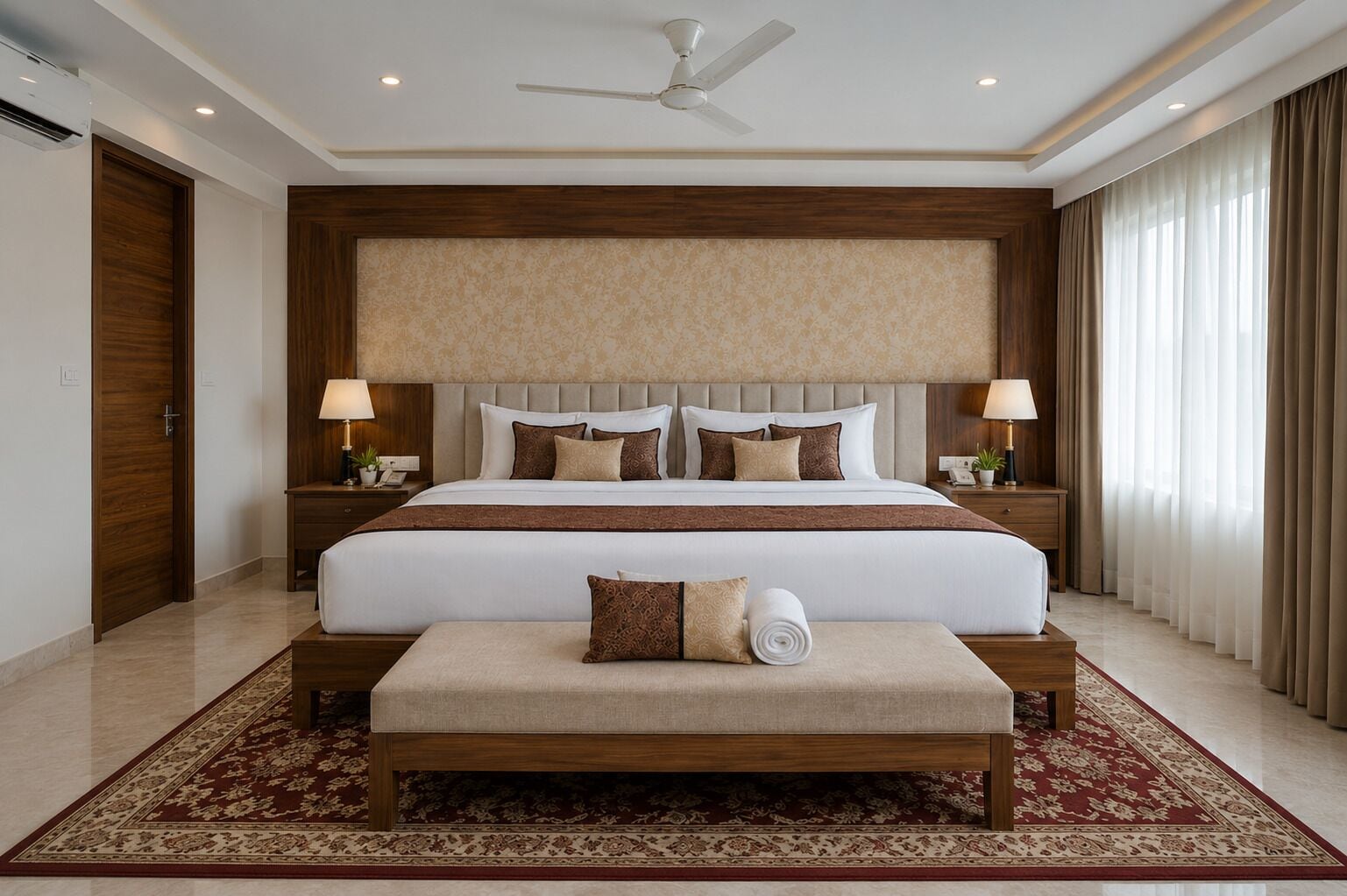 Une chambre d’hôtel avec un grand lit, deux tables de chevet avec des lampes, un ventilateur de plafond et une moquette rouge à motifs.