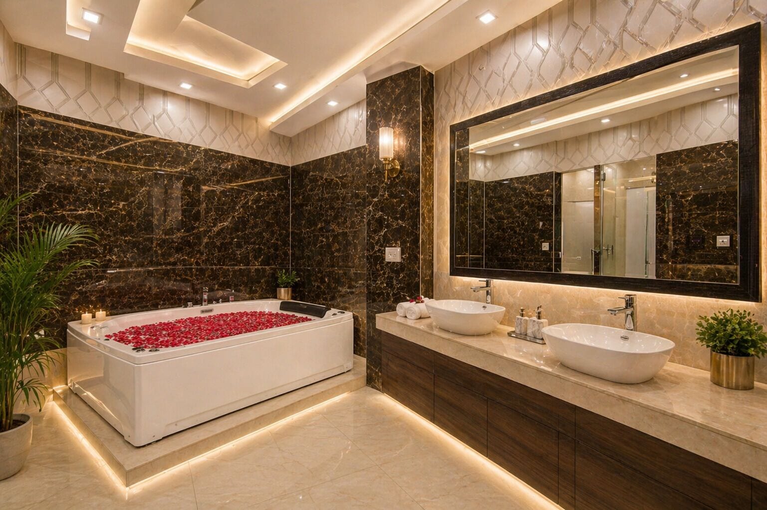 Un baño moderno con una bañera independiente, dos lavamanos y un espejo grande.