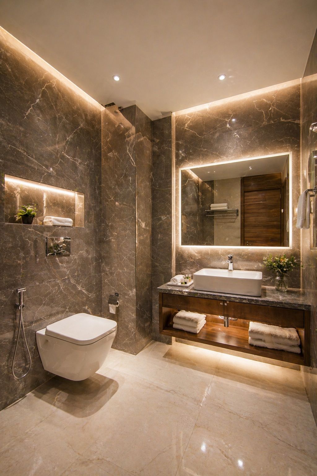 Un baño moderno con tocador de mármol, inodoro independiente, un espejo grande y zona de ducha.