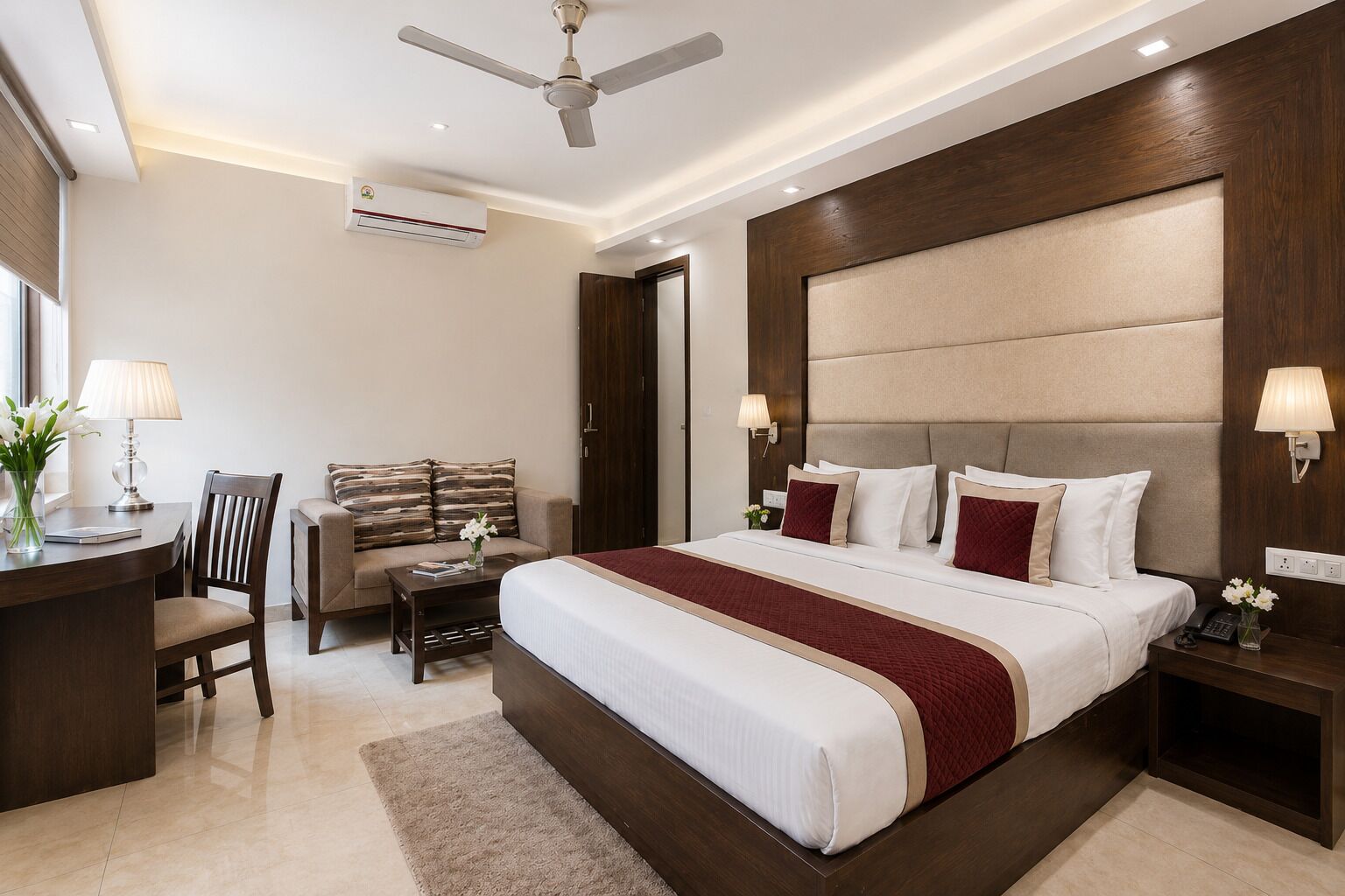 Ein Hotelzimmer mit einem großen Bett, einem Schreibtisch mit Lampe, einem Sessel, einer Couch, einem Deckenventilator und einer Klimaanlage.