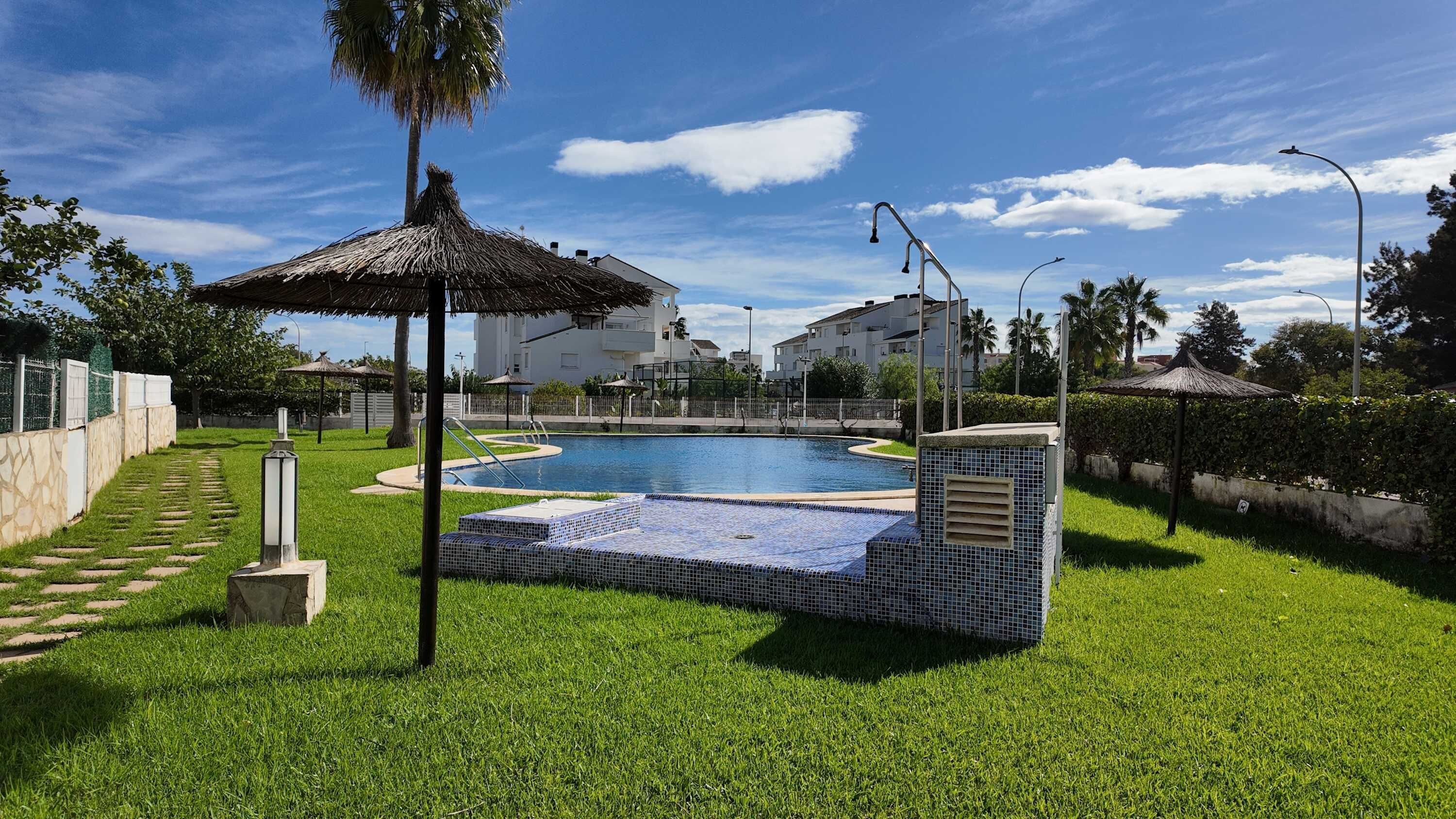 A swimming pool with a tiled deck, a palm tree, and a thatched-roof gazebo.