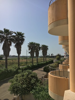 A view of a building with a curved balcony, palm trees, and a pathway. - Townhouse just a stone's throw from the sea (Porto Cesareo)