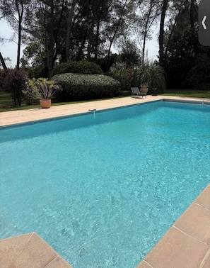 A rectangular swimming pool with clear blue water, surrounded by a tiled deck and a well-maintained hedge. - gsbhdfbhdfhfhdf (Mougins)