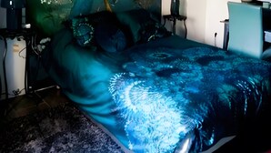 Ein Schlafzimmer mit Bett, Schreibtisch, Stuhl, Lampe und einem Wandbild.