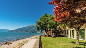 Una passarel·la al costat del llac amb una banca, un arbre amb fulles daurades i un edifici amb persianes verdes.