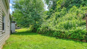 Une cour verdoyante avec une clôture en bois, un abri de jardin et un feuillage dense.