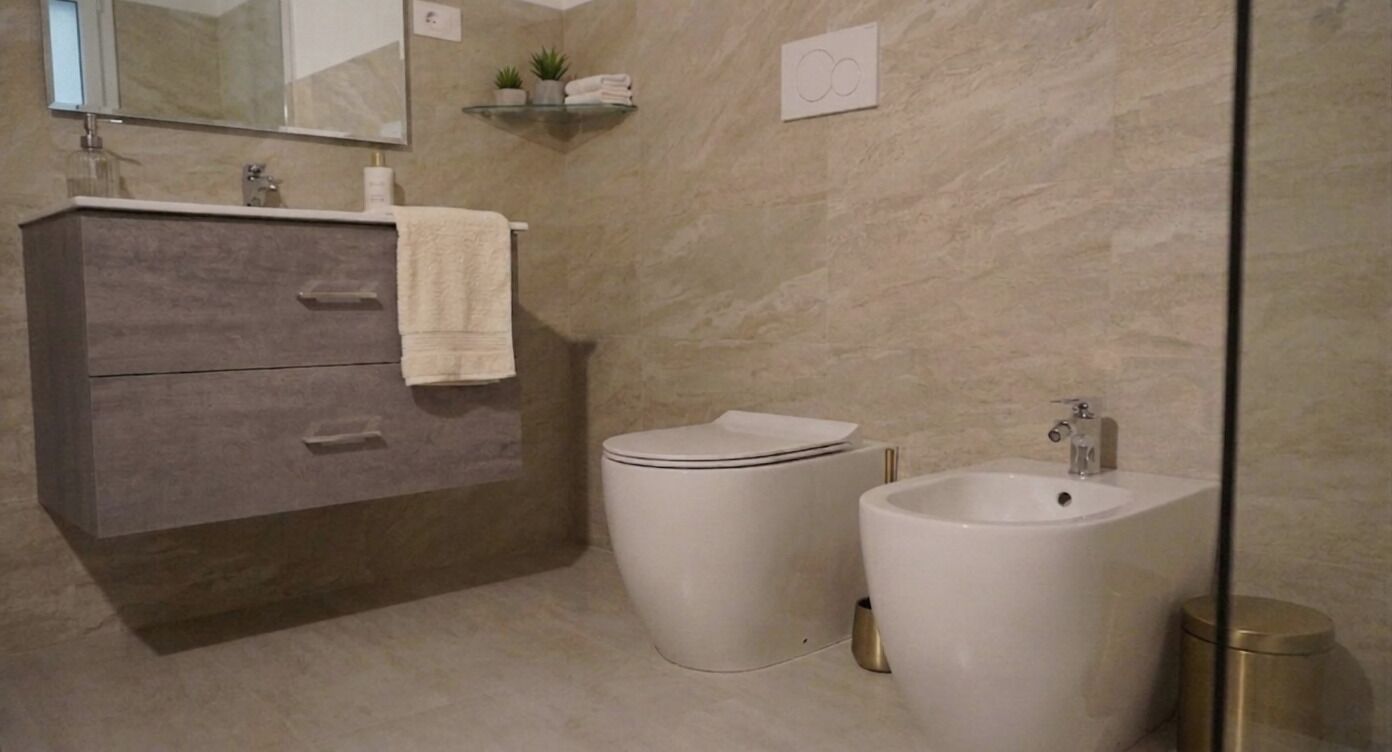 Shower, hair dryer, bidet, towels