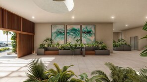 Eine moderne Lobby mit einem großen abstrakten Gemälde, Topfpflanzen und einer Wand aus Holzlatten.