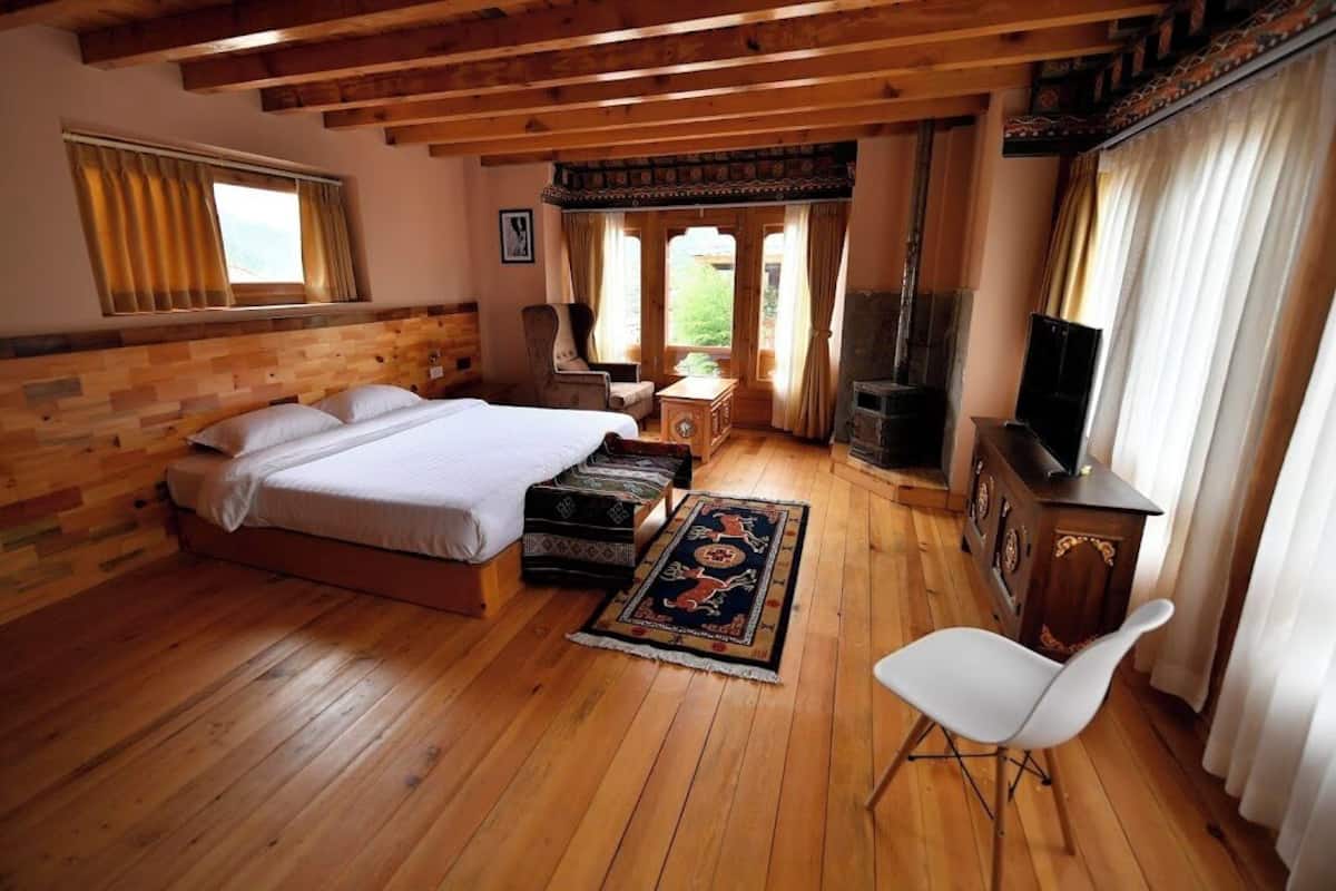 A wooden-paneled room with a bed, a TV, a fireplace, and a window with curtains.