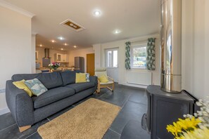 A living room with a sofa, a rug, a chair, a fireplace, and a kitchen in the background. - Luxury holiday cottage with an indoor hot tub West Wales | Golwg-Y-Cwm (Llanfyrnach)