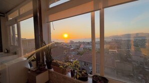 A room with a large window overlooking a cityscape at sunset, with potted plants on the windowsill.