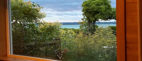 Una ventana con vistas a un lago y árboles.