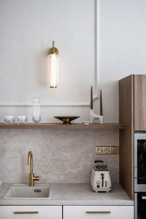 A modern kitchen with a stainless steel sink, a white toaster, and a wall-mounted light fixture. - Elegant Paris Ave apartment with a Terrace (Praha 1)