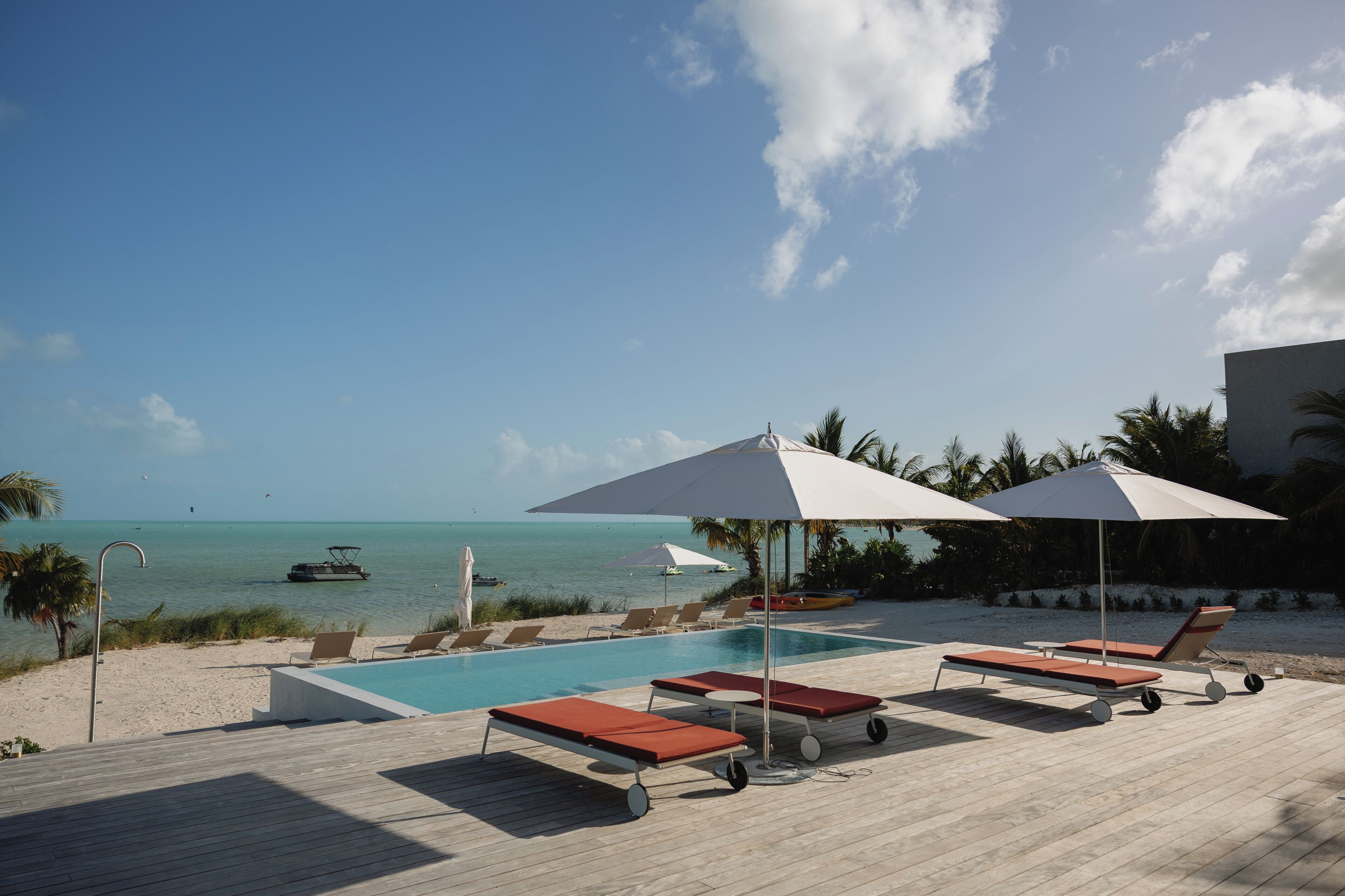 Outdoor pool, pool umbrellas, pool loungers