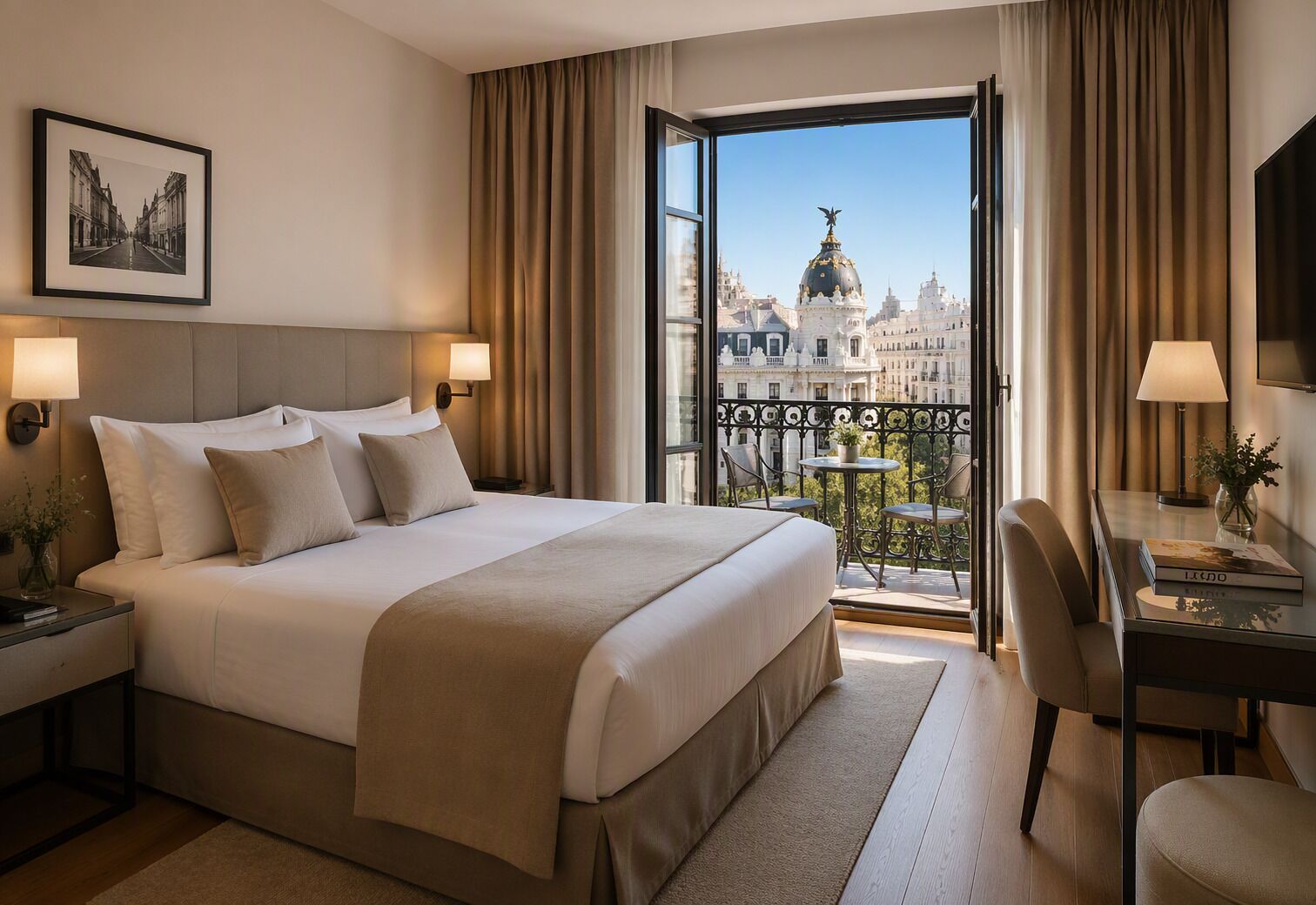 A hotel room with a large bed, a desk with a chair, a balcony with a view of a cityscape, and a framed picture on the wall.