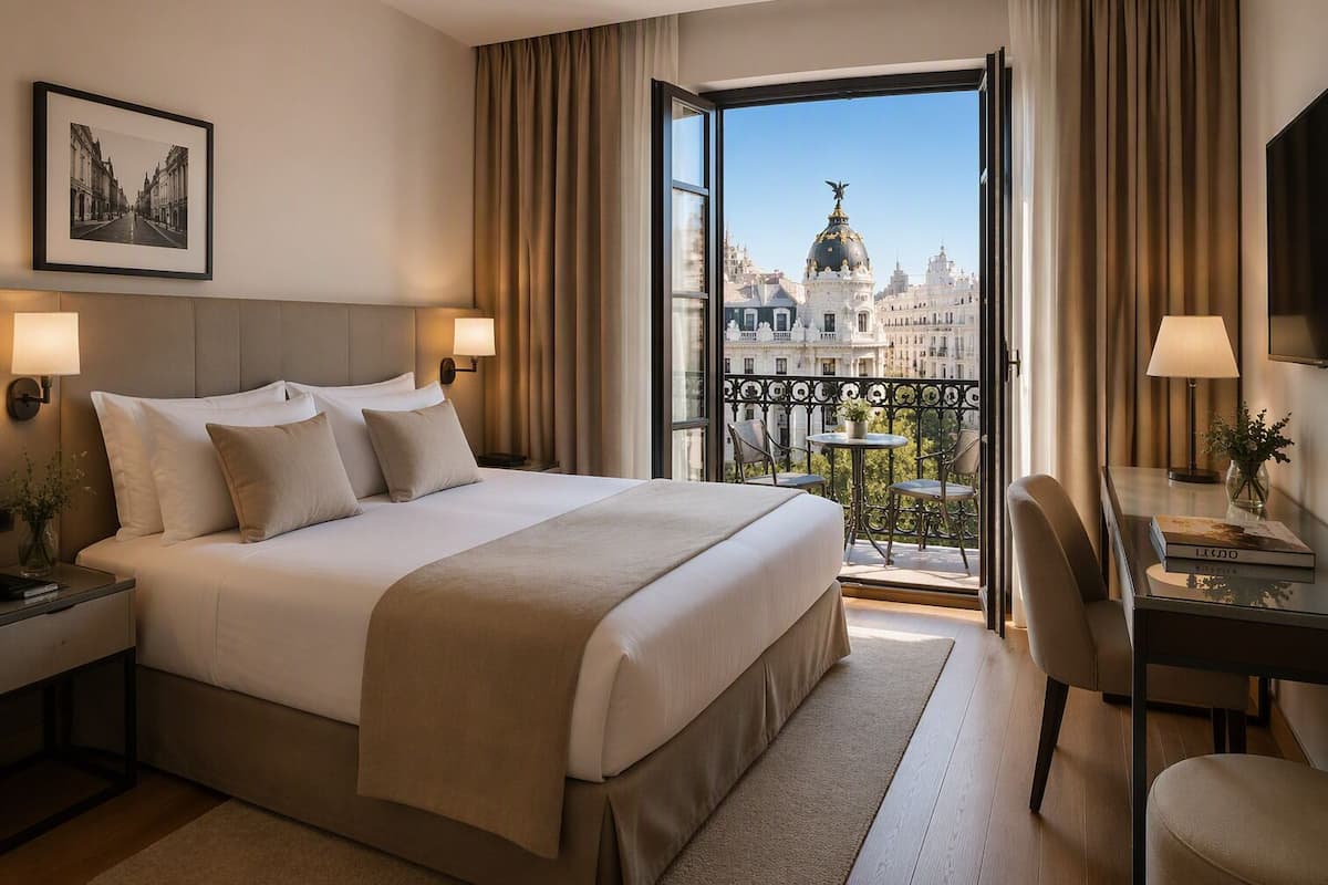 Una habitación de hotel con una cama grande, un escritorio con silla, un balcón con vista a un paisaje urbano y un cuadro en la pared.