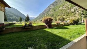Vista de uma varanda com gramado verde, uma montanha e um edifício.