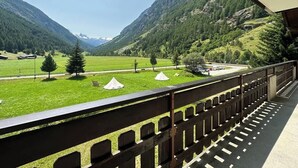 Un balcon donnant sur un champ verdoyant, des arbres et des montagnes.