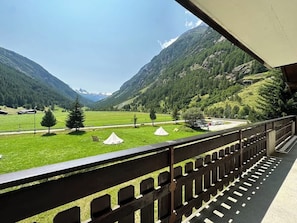 A balcony with a view of a green field, trees, and mountains.