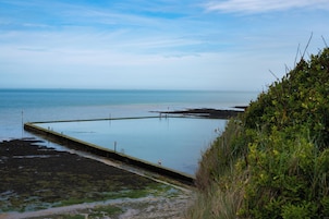 A coastal scene with a pier extending into calm waters, surrounded by vegetation.