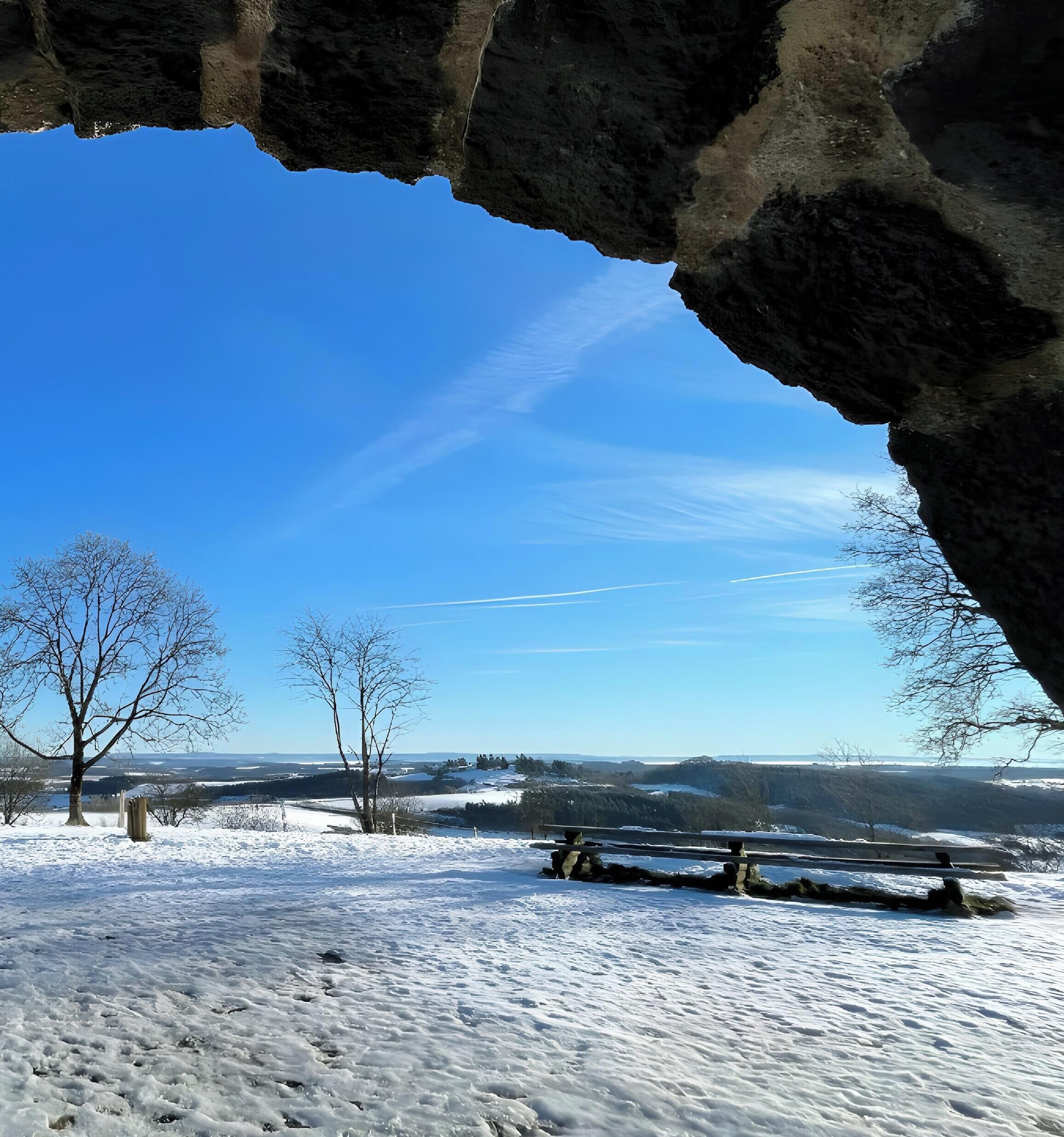 Un paysage enneigé avec un ciel dégagé, des arbres et un banc.