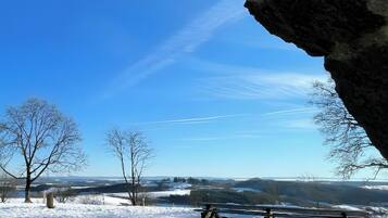 Un paysage enneigé avec un ciel dégagé, des arbres et un banc.