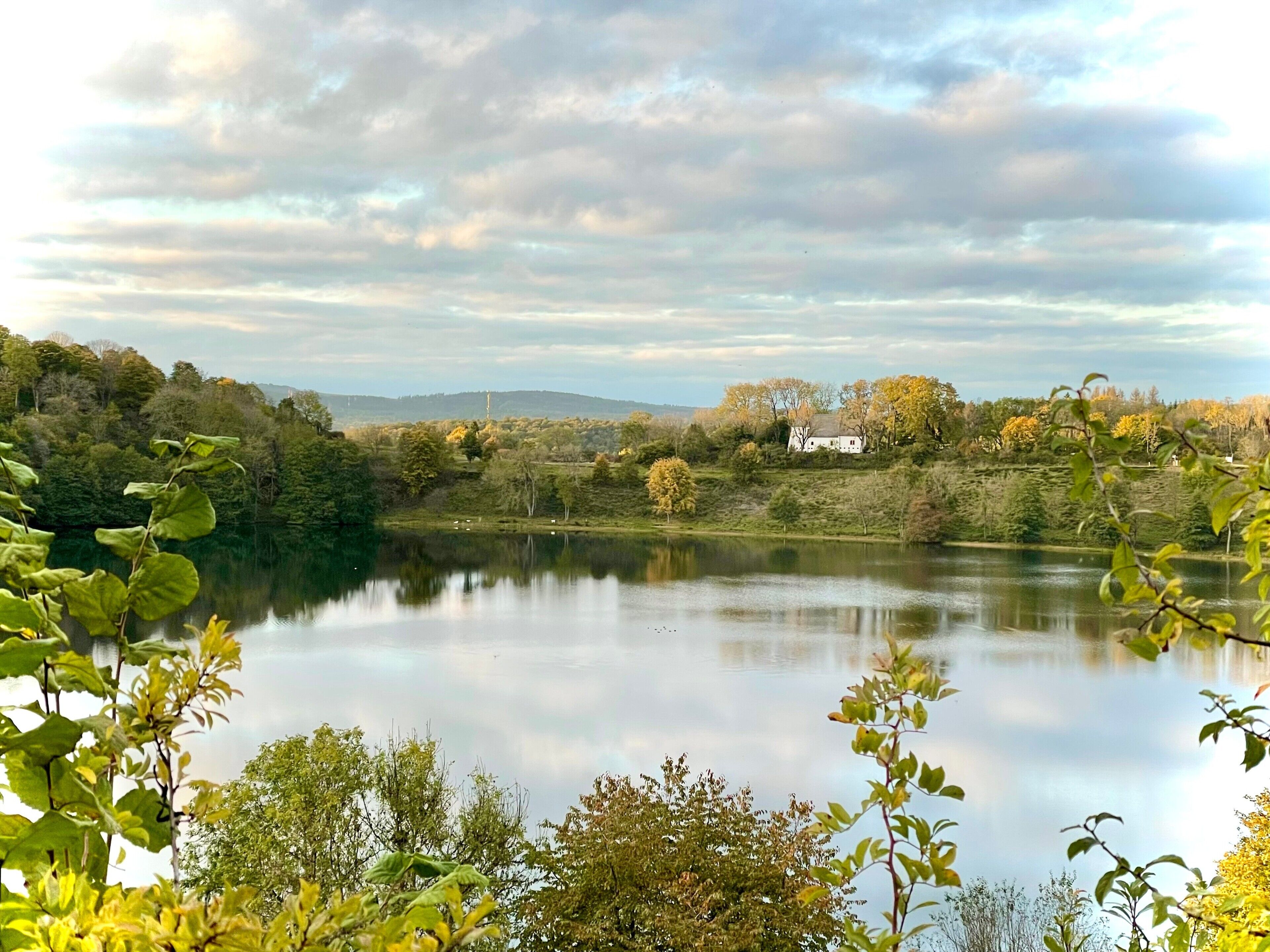 A serene lake with a white house in the background, surrounded by lush greenery.