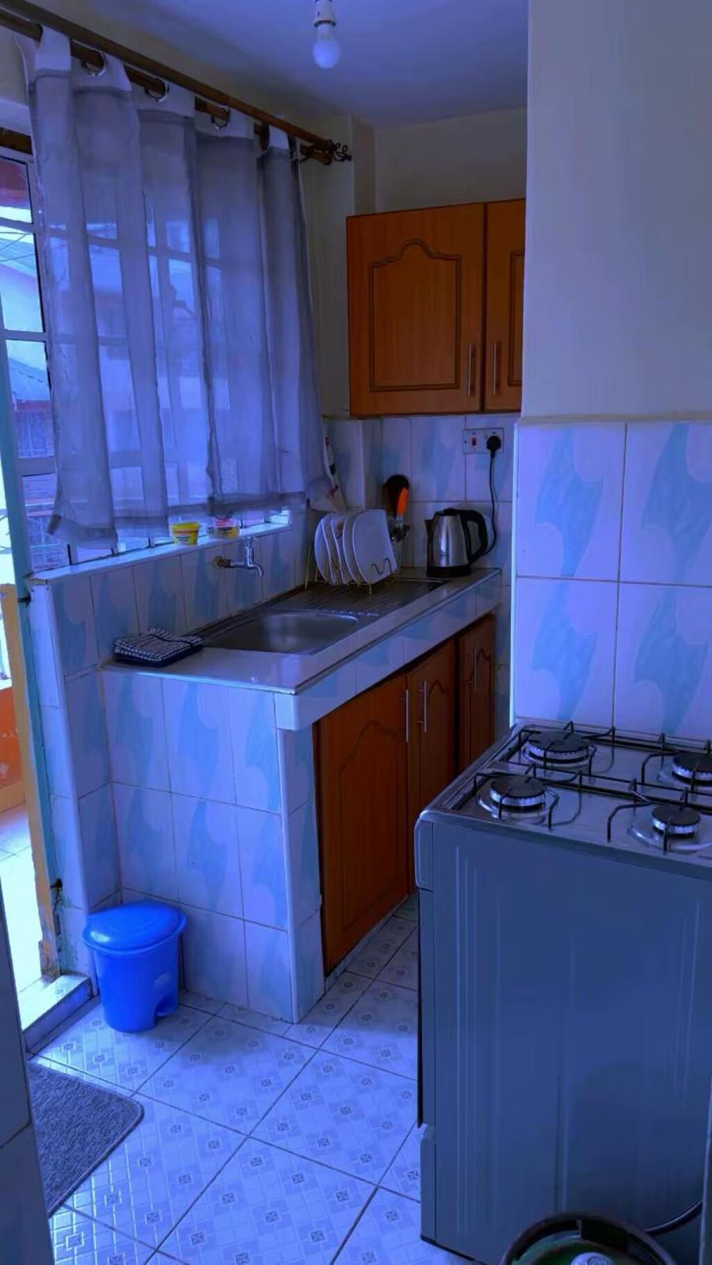 Een keuken met een gasfornuis, houten kastjes, een spoelbak en een blauwe prullenbak.