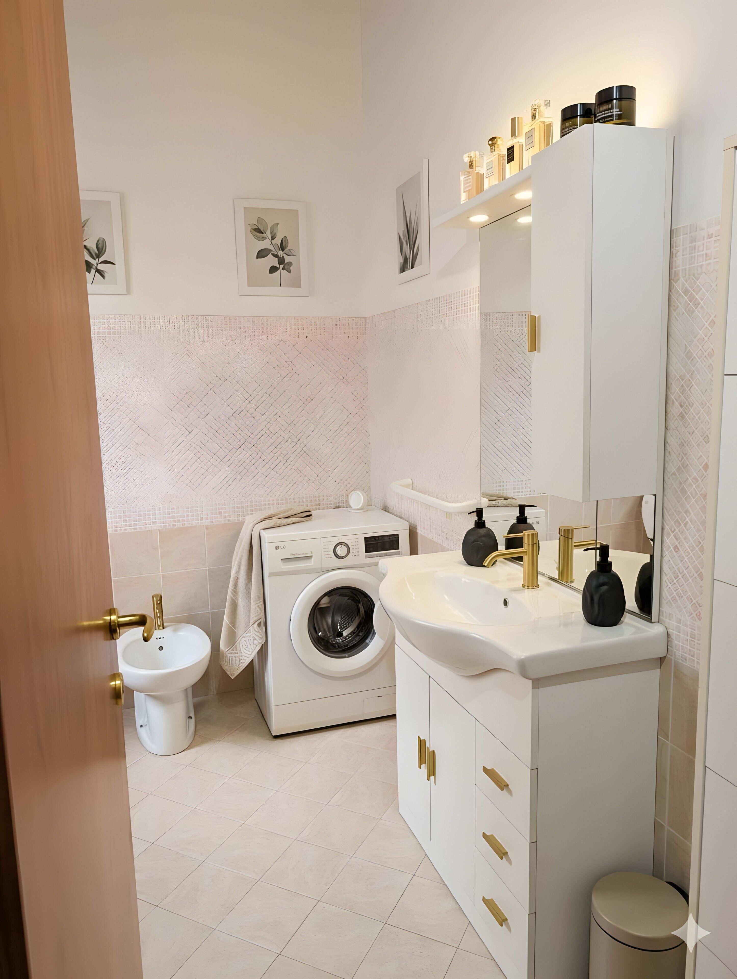 Ein Badezimmer mit Waschmaschine, Waschbecken mit Spiegel und Toilette.