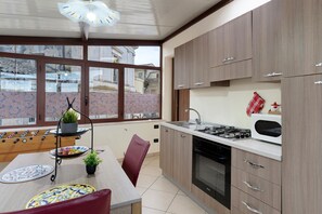 Coffee/tea maker, fridge, microwave, oven